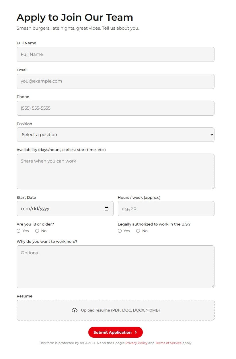 Restaurant employee application form