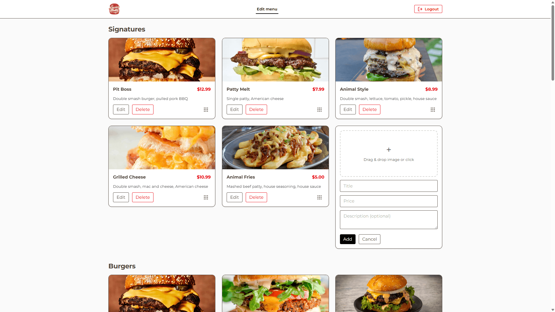 Louie's Menu Page