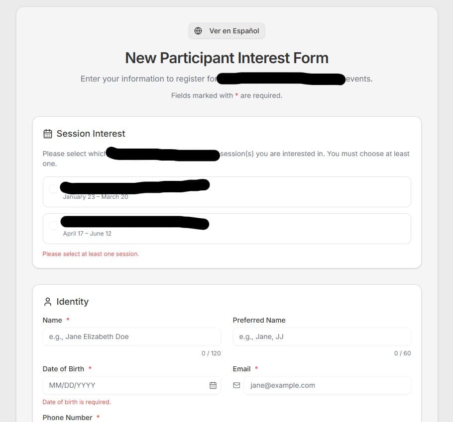 Intake form for a specialized client program